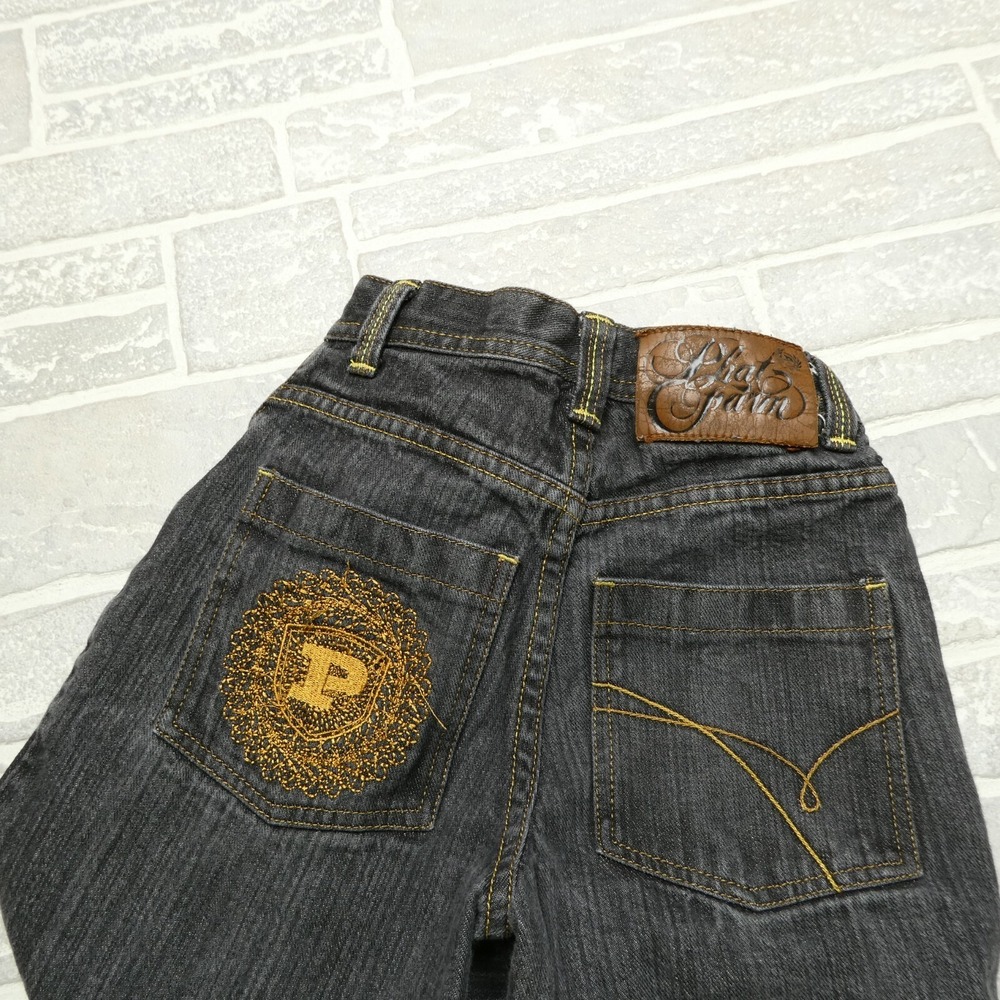 VINTAGE Phat Farm Jeans Youth Size 6 Black Denim Wide Leg Embroidered Y2K HipHop